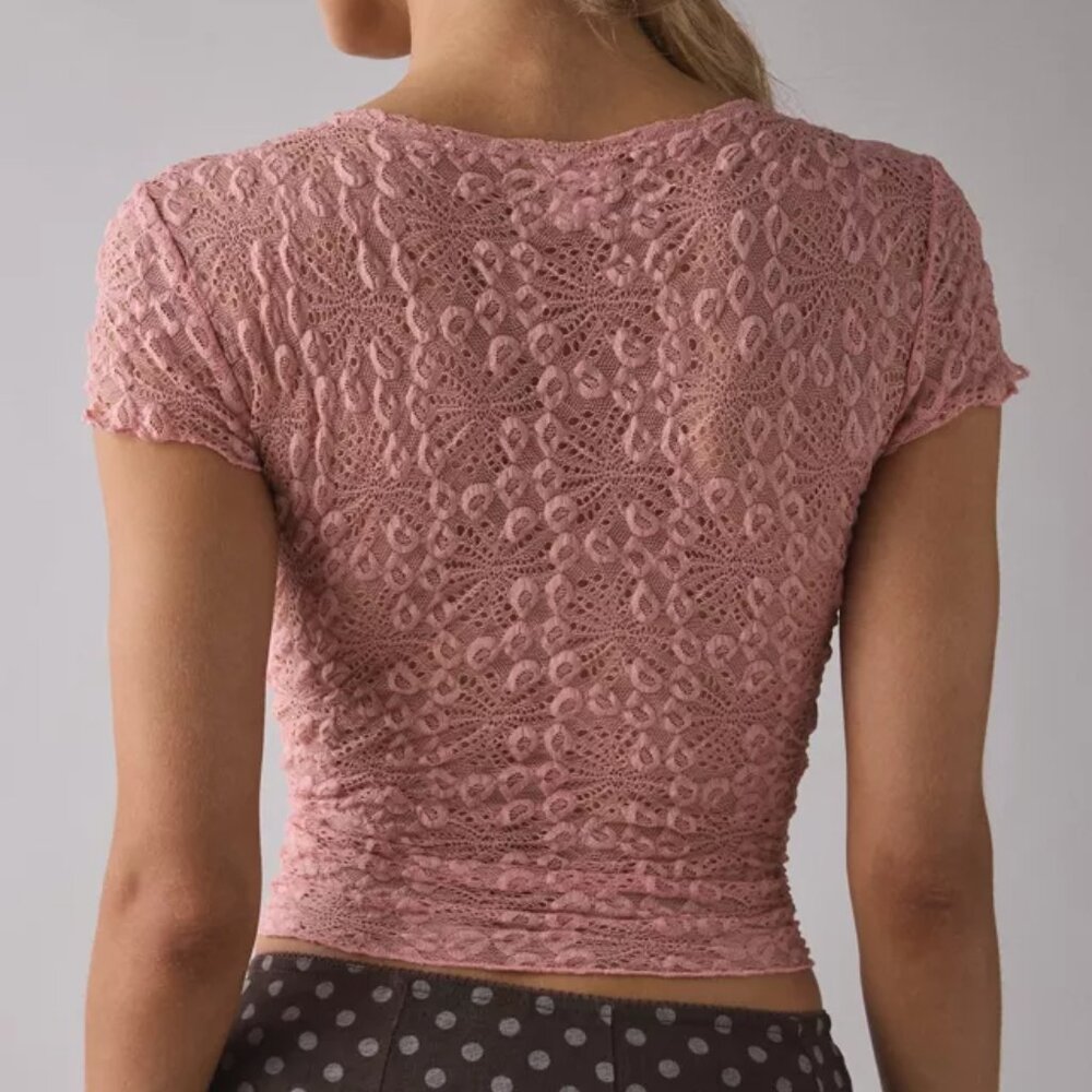 NWT Urban Outfitters Kimchi Blue Sheer Lace Twist-Front Crop Top, Pink, XS - Picture 2 of 4